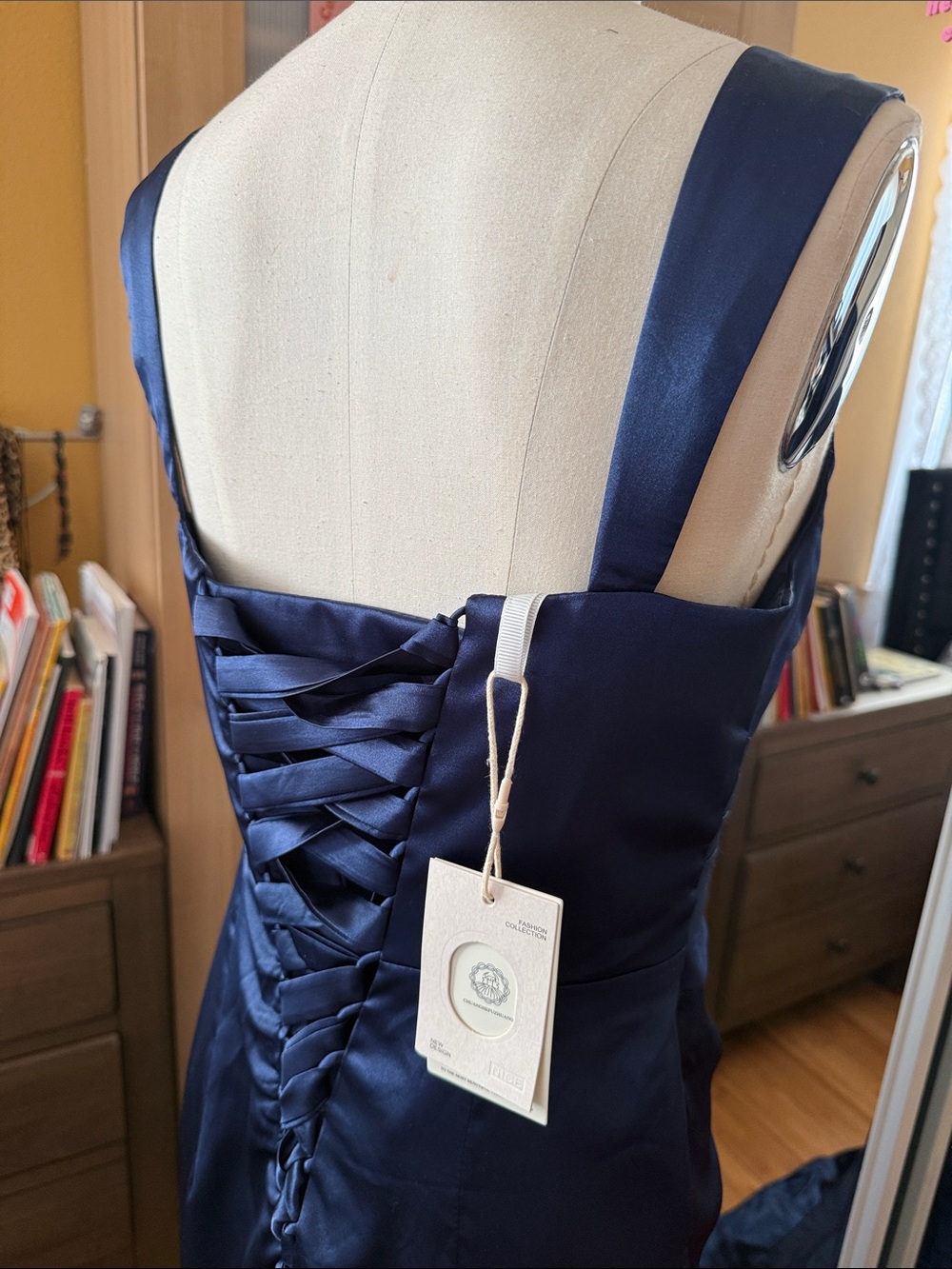 Navy Satin Lace-Up Back Evening Gown Size 10 - Picture 2 of 7
